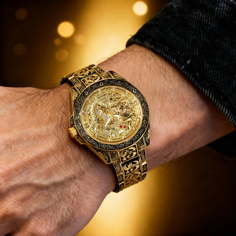 A men's yellow retro style high-end carved yellow dragon fully automatic mechanical watch