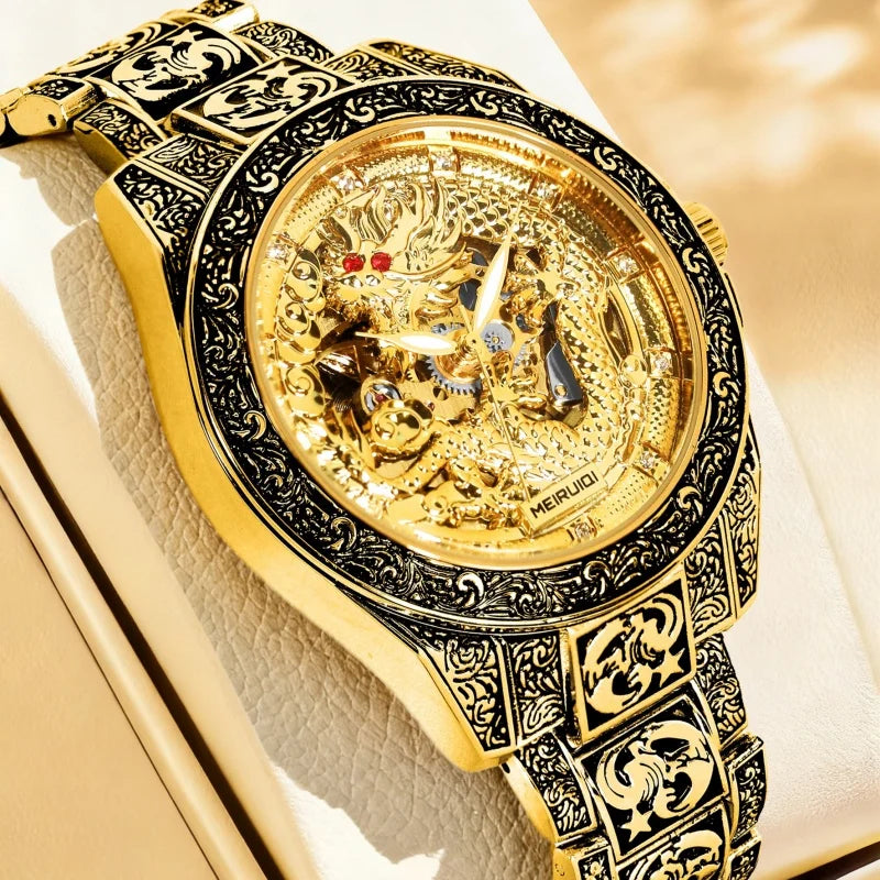 A men's yellow retro style high-end carved yellow dragon fully automatic mechanical watch