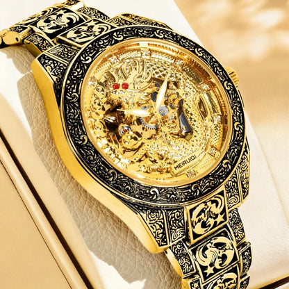 A men's yellow retro style high-end carved yellow dragon fully automatic mechanical watch