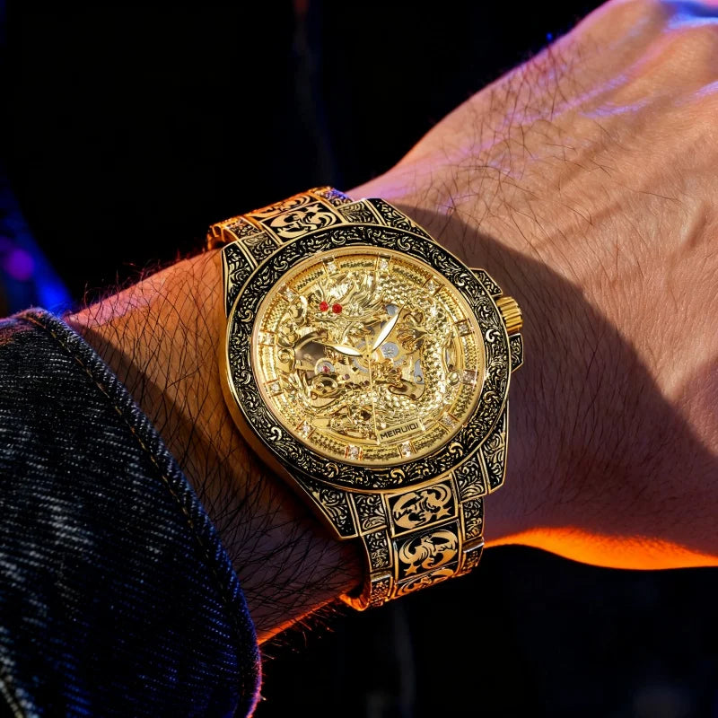A men's yellow retro style high-end carved yellow dragon fully automatic mechanical watch