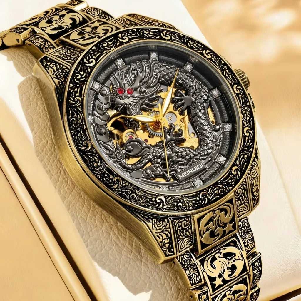 A men's yellow retro style high-end carved yellow dragon fully automatic mechanical watch