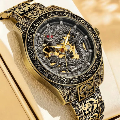 A men's yellow retro style high-end carved yellow dragon fully automatic mechanical watch