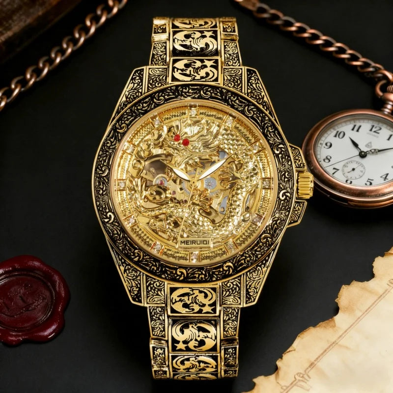 A men's yellow retro style high-end carved yellow dragon fully automatic mechanical watch