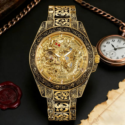 A men's yellow retro style high-end carved yellow dragon fully automatic mechanical watch