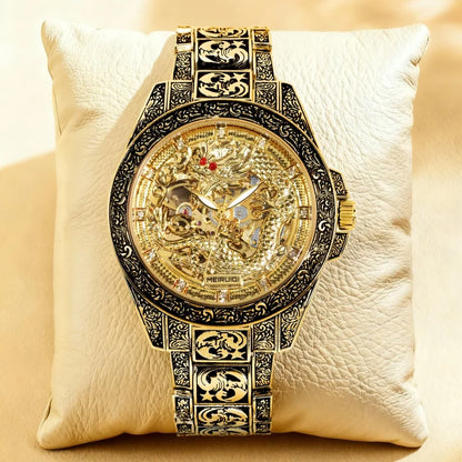 A men's yellow retro style high-end carved yellow dragon fully automatic mechanical watch