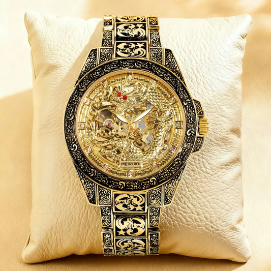 A men's yellow retro style high-end carved yellow dragon fully automatic mechanical watch