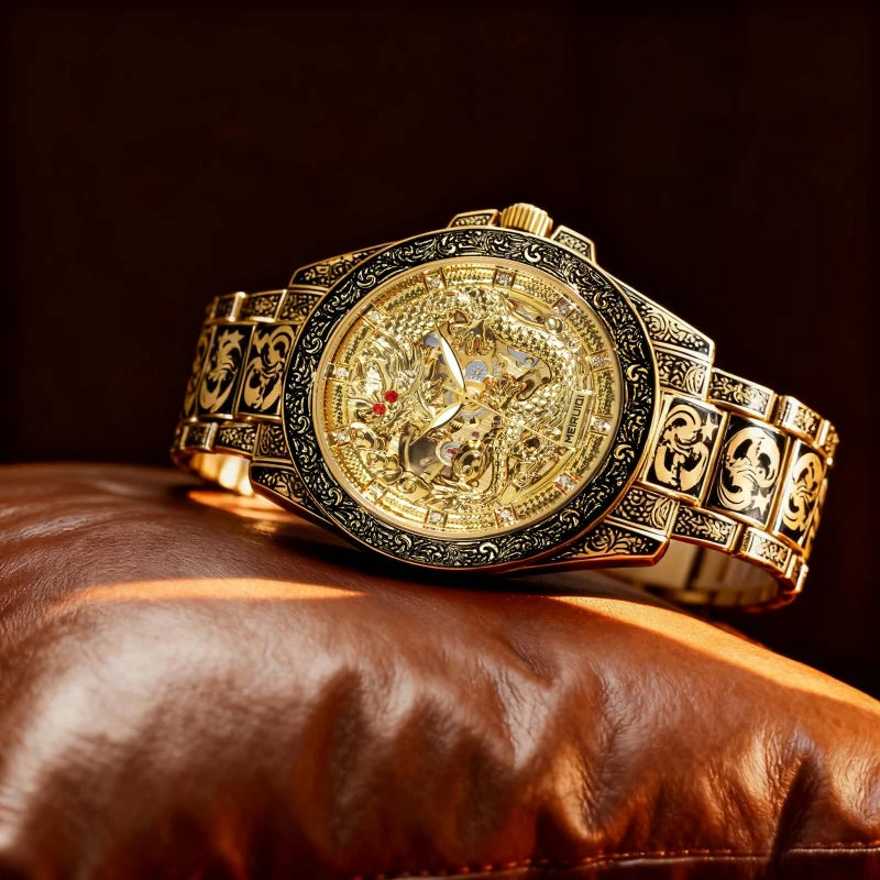 A men's yellow retro style high-end carved yellow dragon fully automatic mechanical watch