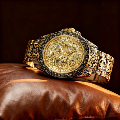 A men's yellow retro style high-end carved yellow dragon fully automatic mechanical watch